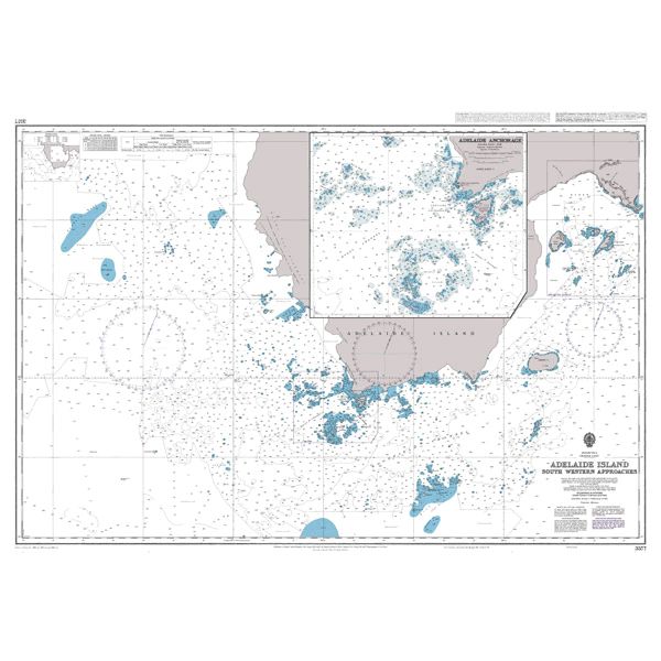 Product image of Admiralty Chart 3577 | Adelaide Island South Western Approaches, featuring navigational markings, depth soundings, and coastal features, essential for safe marine navigation. It could be displayed as an art piece or used for navigation on a boat or ship.