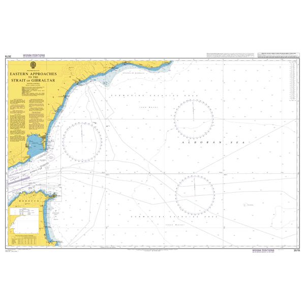 Product image of Admiralty Chart 3578 | Eastern Approaches to the Strait of Gibraltar, featuring navigational markings, depth soundings, and coastal features, essential for safe marine navigation. It could be displayed as an art piece or used for navigation on a boat or ship.