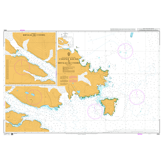 Product image of Admiralty Chart 3583 | Cooper Sound to Drygalski Fjord, featuring navigational markings, depth soundings, and coastal features, essential for safe marine navigation. It could be displayed as an art piece or used for navigation on a boat or ship.