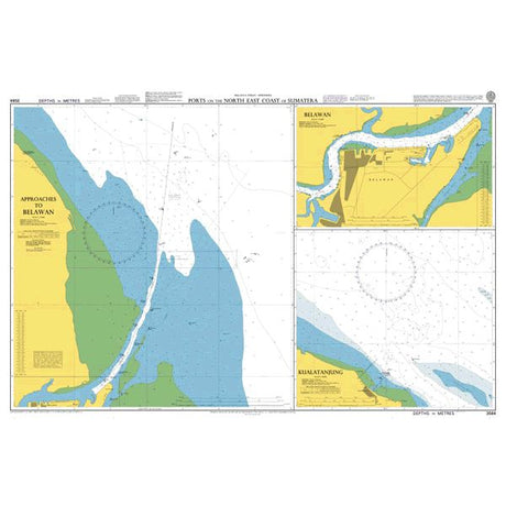 Product image of Admiralty Chart 3584 | Ports on the North East Coast of Sumatera, featuring navigational markings, depth soundings, and coastal features, essential for safe marine navigation. It could be displayed as an art piece or used for navigation on a boat or ship.