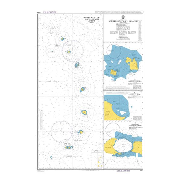 Product image of Admiralty Chart 3593 | South Sandwich Islands, featuring navigational markings, depth soundings, and coastal features, essential for safe marine navigation. It could be displayed as an art piece or used for navigation on a boat or ship.