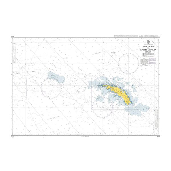 Product image of Admiralty Chart 3596 | Approaches to South Georgia, featuring navigational markings, depth soundings, and coastal features, essential for safe marine navigation. It could be displayed as an art piece or used for navigation on a boat or ship.