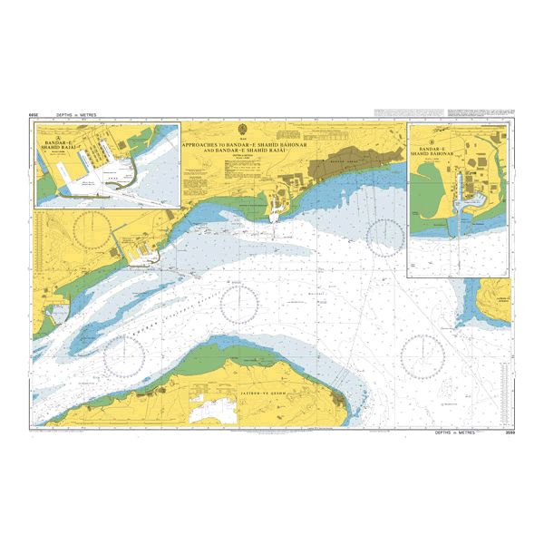 Product image of Admiralty Chart 3599 | Bandar-e Shahid Bahonar and Bandar-e Shahid Raja'i with Approaches, featuring navigational markings, depth soundings, and coastal features, essential for safe marine navigation. It could be displayed as an art piece or used for navigation on a boat or ship.