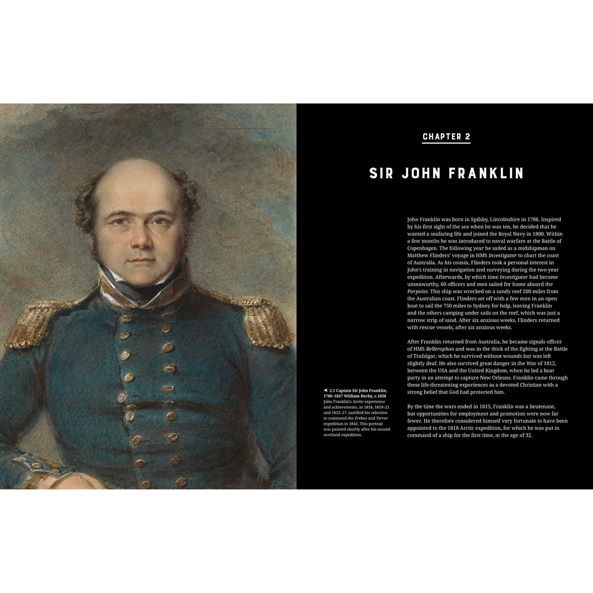 A portrait of Sir John Franklin in a dark naval uniform with gold epaulettes is featured alongside text outlining his biography and accomplishments, emphasizing his efforts on the Erebus and Terror. The left page presents Chapter 2 of the book "Sir John Franklin's Erebus and Terror Expedition," published by Adlard Coles, dedicated to Franklin's life and explorations.