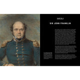 A portrait of Sir John Franklin in a dark naval uniform with gold epaulettes is featured alongside text outlining his biography and accomplishments, emphasizing his efforts on the Erebus and Terror. The left page presents Chapter 2 of the book "Sir John Franklin's Erebus and Terror Expedition," published by Adlard Coles, dedicated to Franklin's life and explorations.