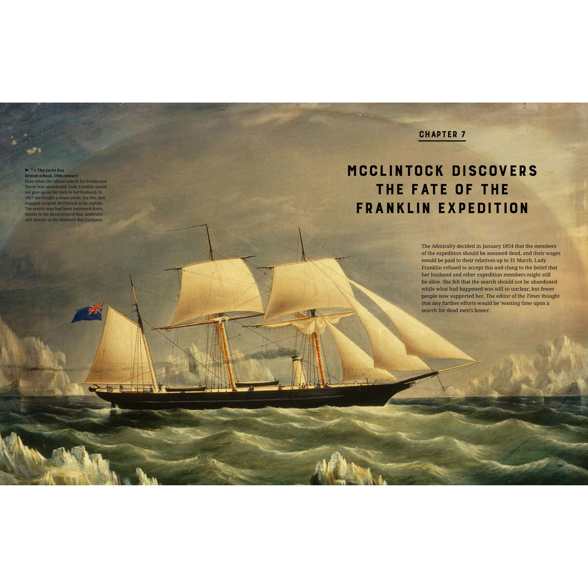 An illustrated 19th-century sailing ship, reminiscent of Sir John Franklin's Erebus and Terror Expedition, navigates choppy seas under a cloudy sky. The text on the image reads "Chapter 7: McClintock discovers the fate of Sir John Franklin's expedition by Adlard Coles," detailing the challenges faced while seeking the North-West Passage.