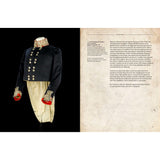 On the left, a vintage naval officer's uniform evokes the era of Sir John Franklin, featuring ornate silver buttons and intricate embroidery on the collar and cuffs. On the right, text in English is presented on a textured, aged paper background for "Sir John Franklin's Erebus and Terror Expedition" by Adlard Coles.