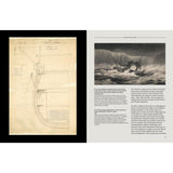 Left page: A vintage nautical map showcasing a plan and sections of a dock. Right page: An illustration of a ship facing stormy seas, accompanied by descriptive text about 19th-century Antarctic voyages, highlighting Erebus and Terror from Sir John Franklin's ill-fated North-West Passage expedition by Adlard Coles.