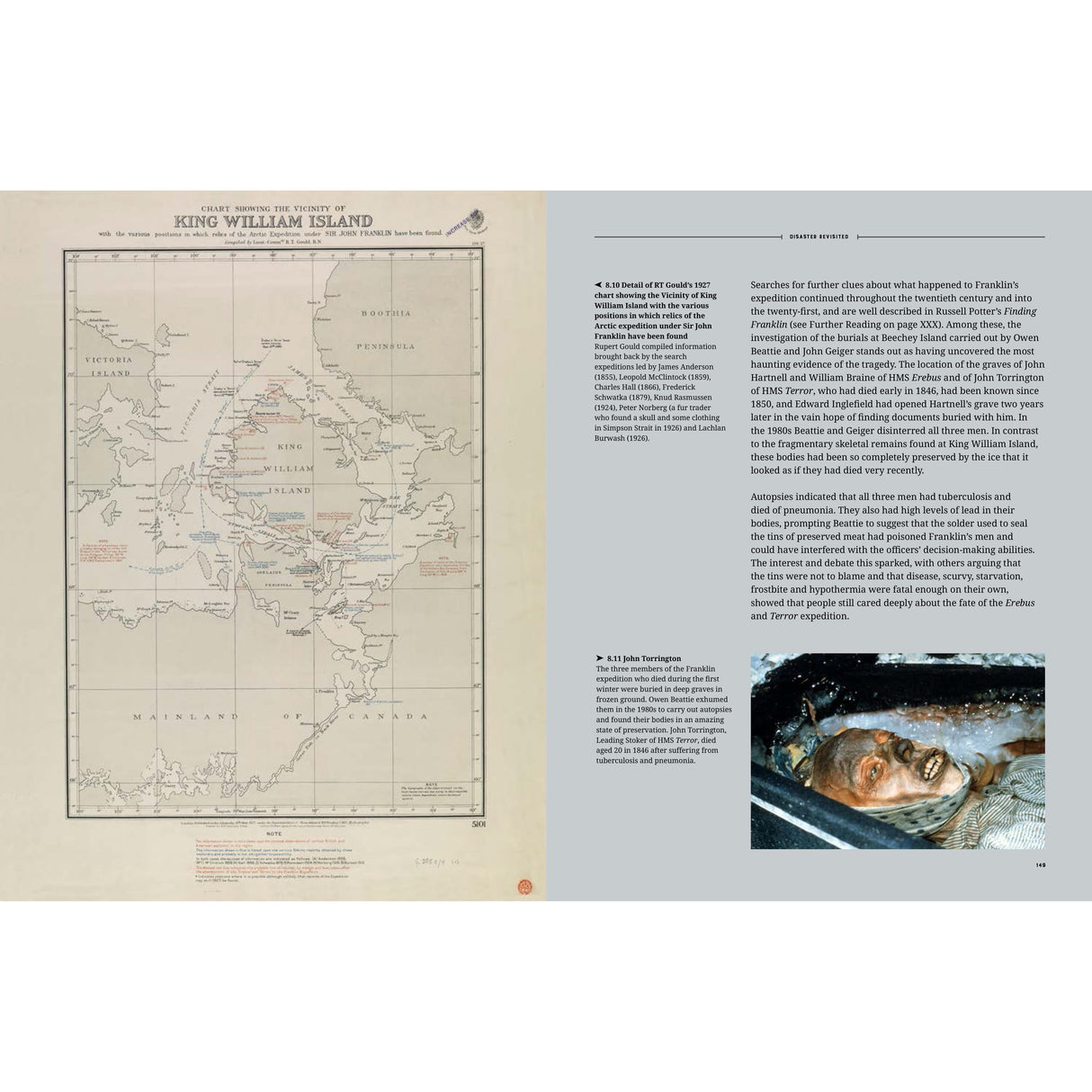 The map and text page present a historical map of King William Island, enriched with insightful notes. An inset image features a preserved face in a frozen state, likely related to Sir John Franklin's ill-fated expedition in the Arctic with the Erebus and Terror, as portrayed in Adlard Coles' "Sir John Franklin's Erebus and Terror Expedition.