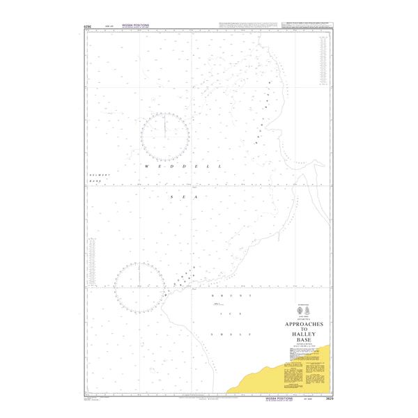 Product image of Admiralty Chart 3629 | Approaches to Halley Base, featuring navigational markings, depth soundings, and coastal features, essential for safe marine navigation. It could be displayed as an art piece or used for navigation on a boat or ship.