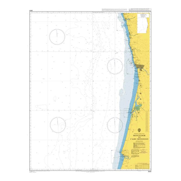 Product image of Admiralty Chart 3634 | Montedor to Cabo Mondego, featuring navigational markings, depth soundings, and coastal features, essential for safe marine navigation. It could be displayed as an art piece or used for navigation on a boat or ship.