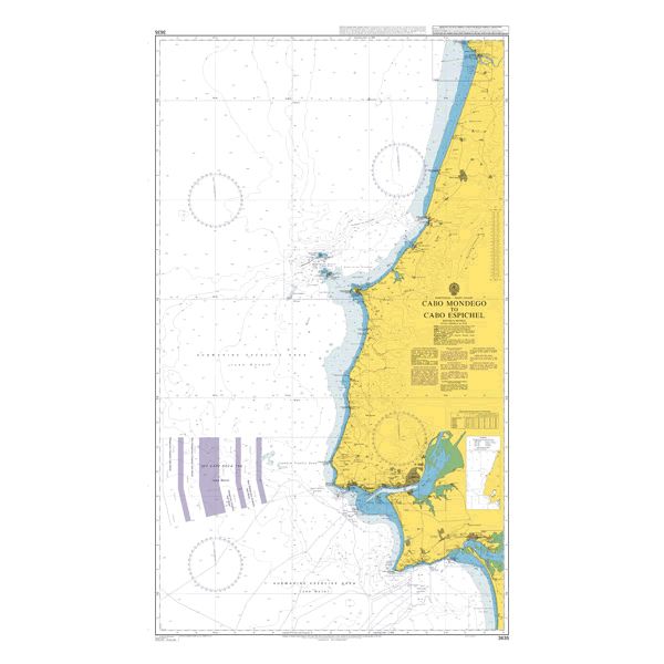 Product image of Admiralty Chart 3635 | Cabo Mondego to Cabo Espichel, featuring navigational markings, depth soundings, and coastal features, essential for safe marine navigation. It could be displayed as an art piece or used for navigation on a boat or ship.