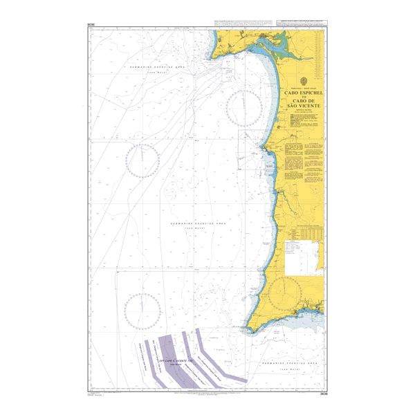 Product image of Admiralty Chart 3636 | Cabo Espichel to Cabo de Sao Vicente, featuring navigational markings, depth soundings, and coastal features, essential for safe marine navigation. It could be displayed as an art piece or used for navigation on a boat or ship.