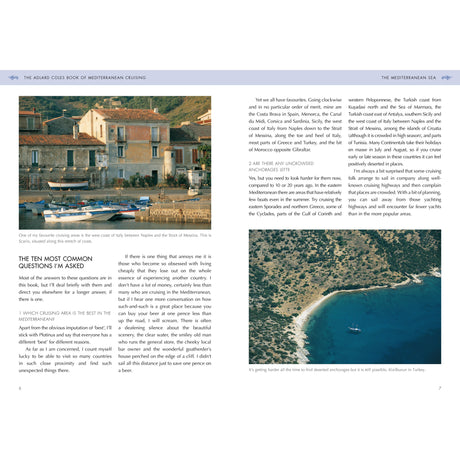 A travel magazine page on Mediterranean cruising by Adlard Coles. Left: coastal village photo and FAQs. Right: aerial cove view with a yacht, insights on Rod Heikell, and yacht chartering adventures. Discover "The Adlard Coles Book of Mediterranean Cruising.