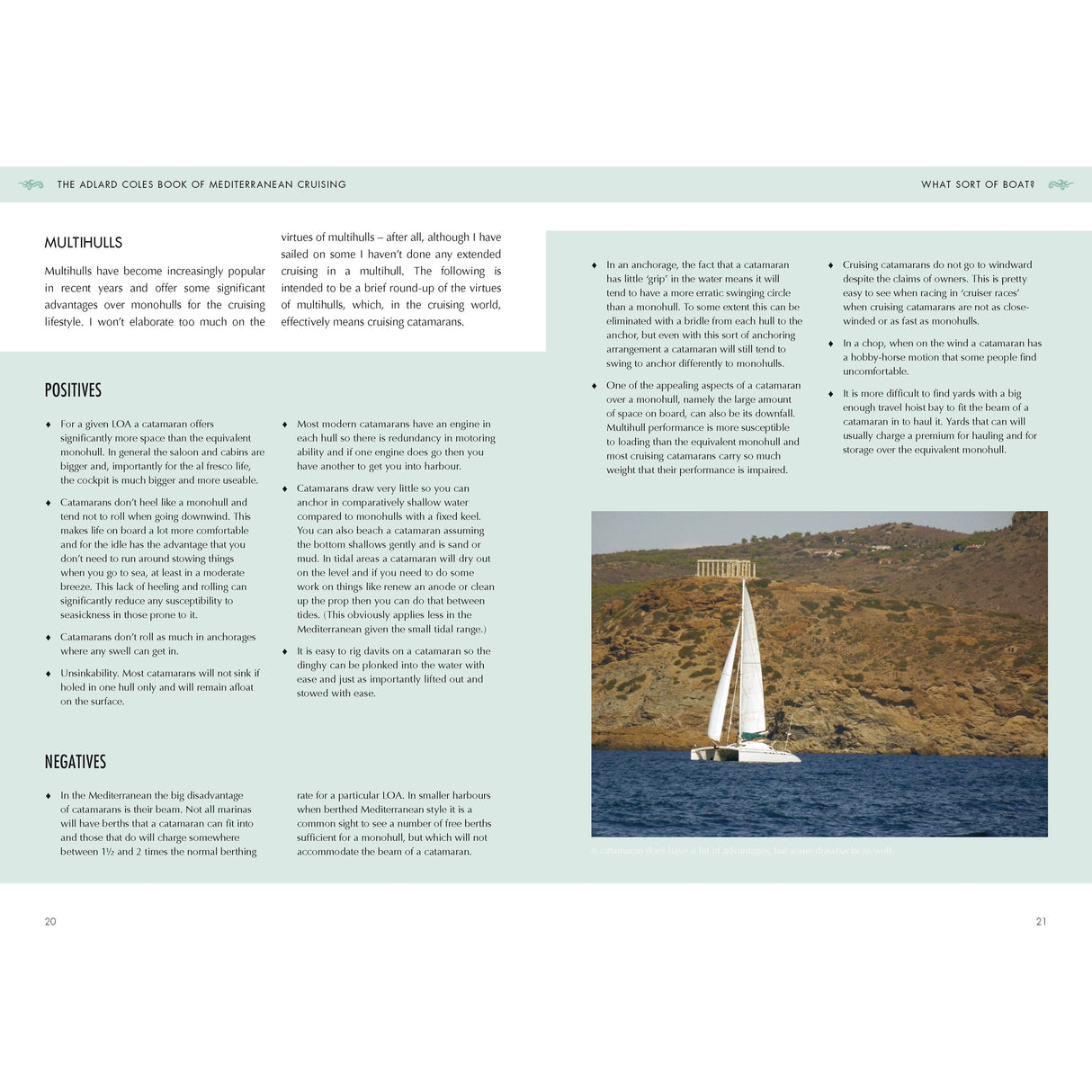 A sailing magazine's two-page spread explores multihulls for Mediterranean cruising, with an image of a white sailboat on serene waters by a rocky coast. Insights from Rod Heikell are highlighted in green and white, referencing "The Adlard Coles Book of Mediterranean Cruising" by Adlard Coles.