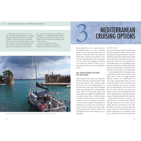 In the book "The Adlard Coles Book of Mediterranean Cruising" by Adlard Coles, a sailboat is pictured in Messolonghi, Greece's turquoise harbor, with an ancient stone fortress background, depicting insights into Mediterranean cruising options and considerations.