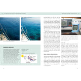 A magazine spread on Mediterranean cruising features The Adlard Coles Book of Mediterranean Cruising by Adlard Coles, highlighting polarized sunglasses, essential navigation tools, and marine tips. Images show yacht charters in clear blue waters and devices with precise navigation data.