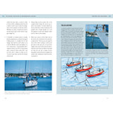 The Adlard Coles Book of Mediterranean Cruising offers a guide by Rod Heikell, with the left page presenting safety tips and an anchorage photo, while the right page includes boat anchoring illustrations, detailed explanations, and an anchor photo.