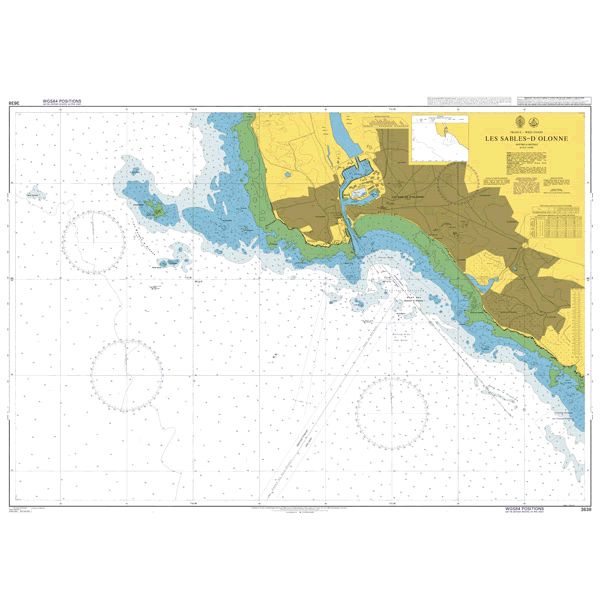 Product image of Admiralty Chart 3638 | Les Sables-D'Olonne, featuring navigational markings, depth soundings, and coastal features, essential for safe marine navigation. It could be displayed as an art piece or used for navigation on a boat or ship.