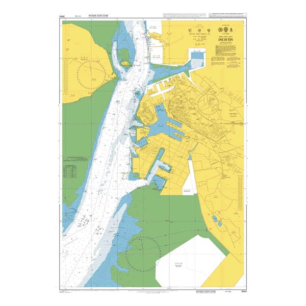 Product image of Admiralty Chart 3642 | Incheon, featuring navigational markings, depth soundings, and coastal features, essential for safe marine navigation. It could be displayed as an art piece or used for navigation on a boat or ship.