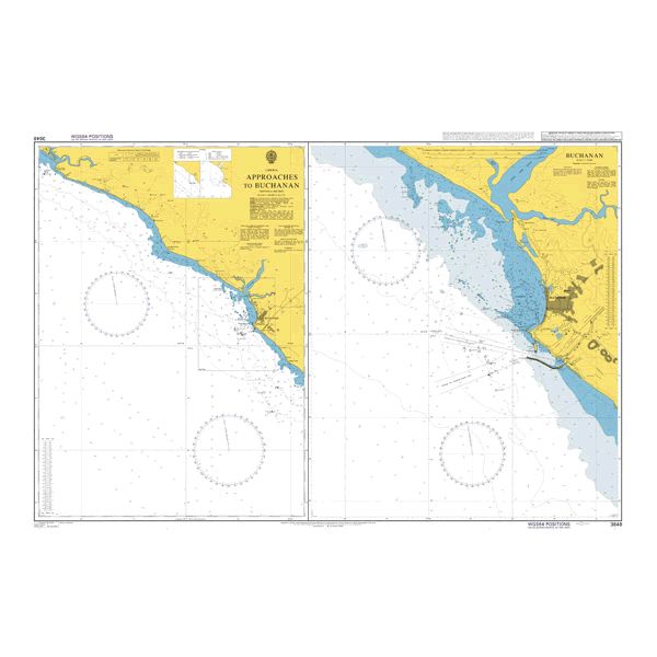 Product image of Admiralty Chart 3648 | Approaches to Buchanan, featuring navigational markings, depth soundings, and coastal features, essential for safe marine navigation. It could be displayed as an art piece or used for navigation on a boat or ship.