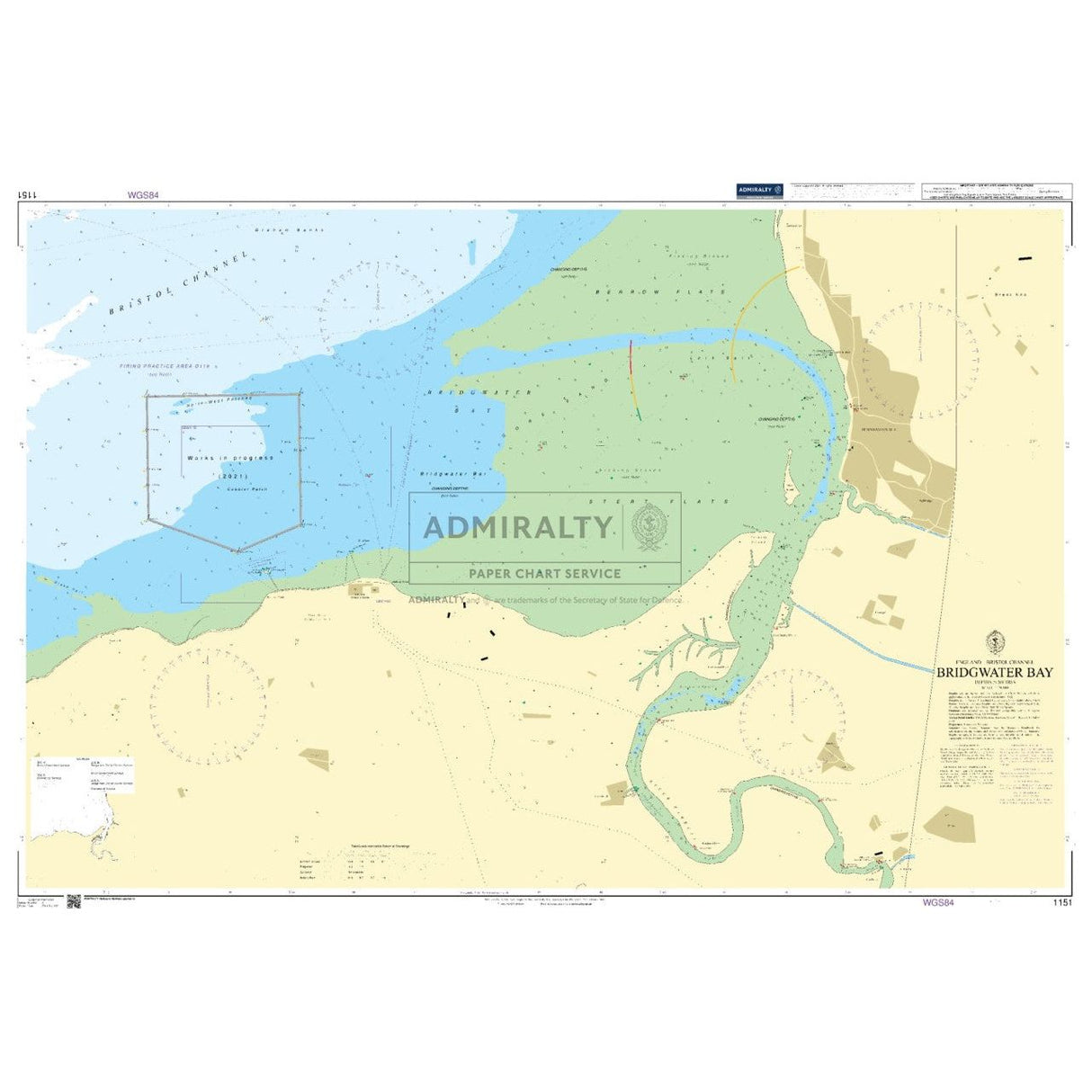 Admiralty Chart 1151 by Admiralty showcases Bridgwater Bay with detailed nautical features, including depths, coastal markers, and navigation aids. It uses blue/green for water zones, beige for land, and various maritime symbols. The Admiralty logo is positioned centrally.