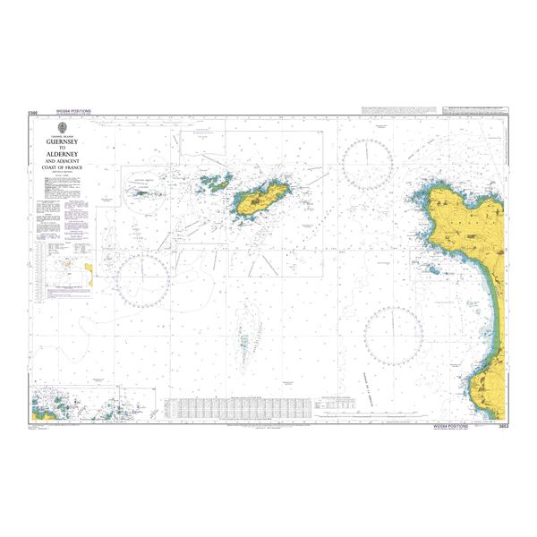 Product image of Admiralty Chart 3653 | Guernsey to Alderney and Adjacent Coast of France, featuring navigational markings, depth soundings, and coastal features, essential for safe marine navigation. It could be displayed as an art piece or used for navigation on a boat or ship.