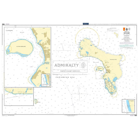 Admiralty Chart 780: Bonaire by Admiralty shows detailed nautical maps of Bonaire and Klein Bonaire, with depth markings, coastal outlines, navigation info, and insets for enlarged views of key harbors and coastal areas.
