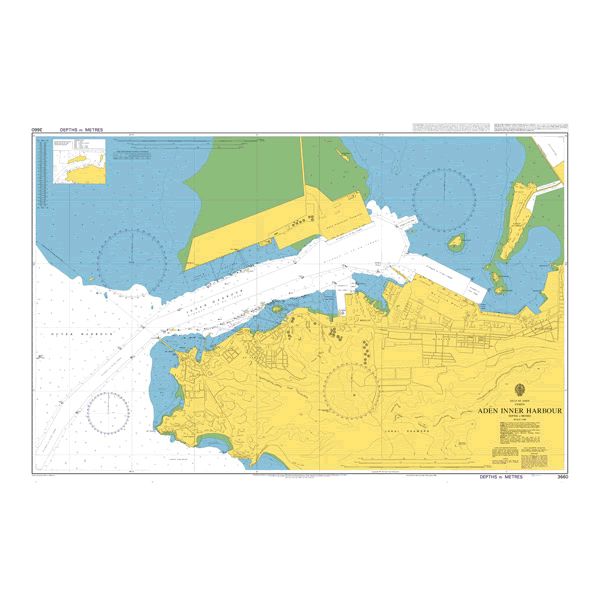 Product image of Admiralty Chart 3660 | Aden Inner Harbour, featuring navigational markings, depth soundings, and coastal features, essential for safe marine navigation. It could be displayed as an art piece or used for navigation on a boat or ship.