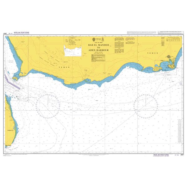 Product image of Admiralty Chart 3661 | Bab el Mandeb to Aden Harbour, featuring navigational markings, depth soundings, and coastal features, essential for safe marine navigation. It could be displayed as an art piece or used for navigation on a boat or ship.