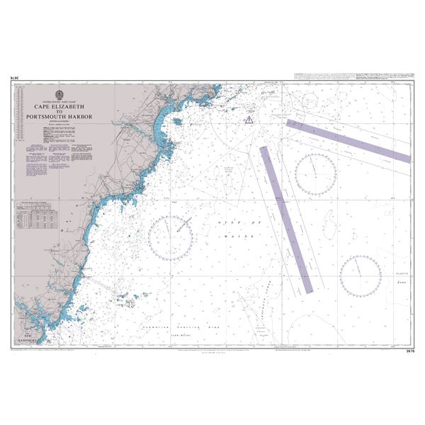 Product image of Admiralty Chart 3676 | Cape Elizabeth to Portsmouth Harbor, featuring navigational markings, depth soundings, and coastal features, essential for safe marine navigation. It could be displayed as an art piece or used for navigation on a boat or ship.