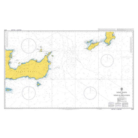 Product image of Admiralty Chart 3679 | Nisos Kriti to Nisos Karpathos, featuring navigational markings, depth soundings, and coastal features, essential for safe marine navigation. It could be displayed as an art piece or used for navigation on a boat or ship.