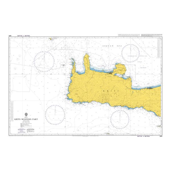 Product image of Admiralty Chart 3681 | Kriti-Western Part, featuring navigational markings, depth soundings, and coastal features, essential for safe marine navigation. It could be displayed as an art piece or used for navigation on a boat or ship.