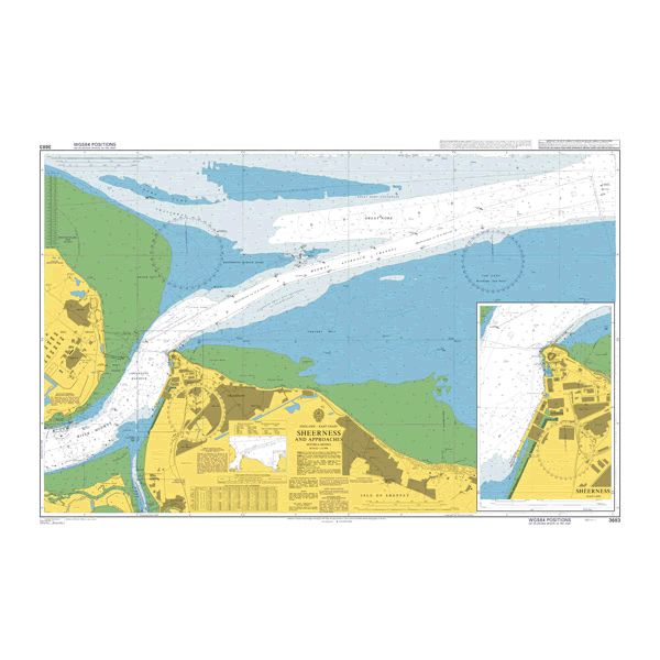 Product image of Admiralty Chart 3683 | Sheerness and Approaches, featuring navigational markings, depth soundings, and coastal features, essential for safe marine navigation. It could be displayed as an art piece or used for navigation on a boat or ship.