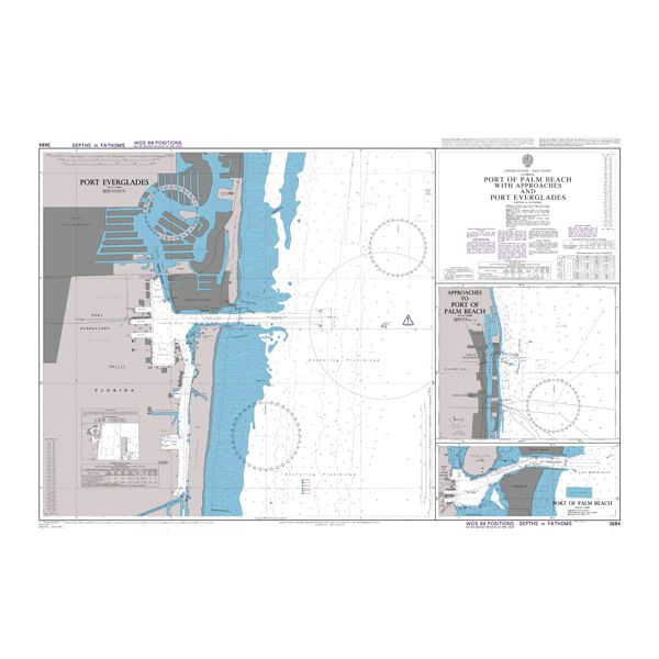 Product image of Admiralty Chart 3684 | Port of Palm Beach with Approaches and Port Everglades, featuring navigational markings, depth soundings, and coastal features, essential for safe marine navigation. It could be displayed as an art piece or used for navigation on a boat or ship.