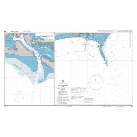 Product image of Admiralty Chart 3686 | Approaches to Morehead City, featuring navigational markings, depth soundings, and coastal features, essential for safe marine navigation. It could be displayed as an art piece or used for navigation on a boat or ship.