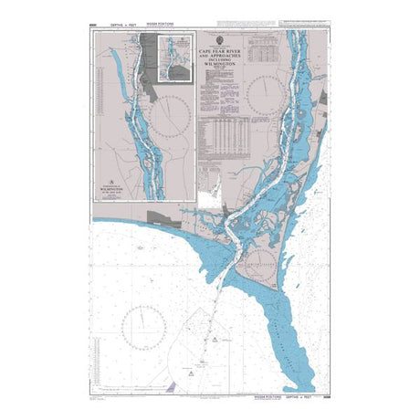 Product image of Admiralty Chart 3688 | Cape Fear River and Approaches including Wilmington, featuring navigational markings, depth soundings, and coastal features, essential for safe marine navigation. It could be displayed as an art piece or used for navigation on a boat or ship.