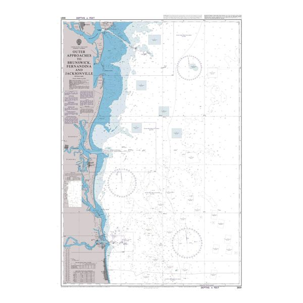 Product image of Admiralty Chart 3691 | Outer Approaches to Brunswick, Fernandina and Jacksonville, featuring navigational markings, depth soundings, and coastal features, essential for safe marine navigation. It could be displayed as an art piece or used for navigation on a boat or ship.