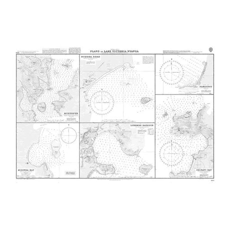 Product image of Admiralty Chart 3693 | Plans in Lake Victoria Nyanza, featuring navigational markings, depth soundings, and coastal features, essential for safe marine navigation. It could be displayed as an art piece or used for navigation on a boat or ship.