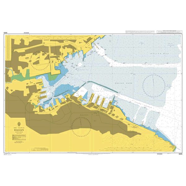 Product image of Admiralty Chart 3695 | Dalian, featuring navigational markings, depth soundings, and coastal features, essential for safe marine navigation. It could be displayed as an art piece or used for navigation on a boat or ship.