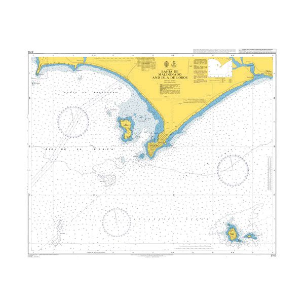 Product image of Admiralty Chart 3703 | Bahia de Maldonado and Isla de Lobos, featuring navigational markings, depth soundings, and coastal features, essential for safe marine navigation. It could be displayed as an art piece or used for navigation on a boat or ship.