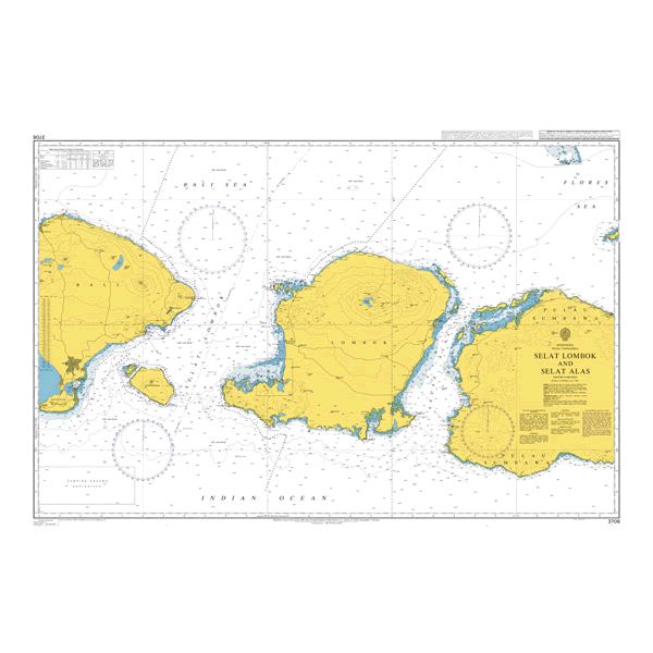 Product image of Admiralty Chart 3706 | Selat Lombok and Selat Alas, featuring navigational markings, depth soundings, and coastal features, essential for safe marine navigation. It could be displayed as an art piece or used for navigation on a boat or ship.