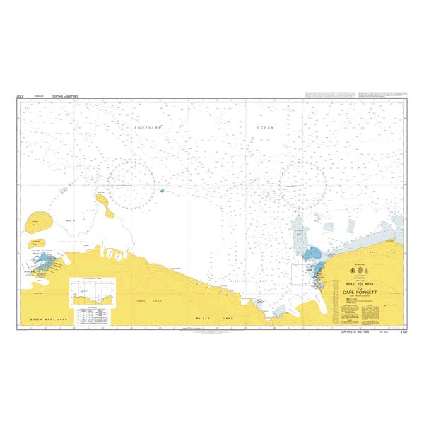 Product image of Admiralty Chart 3707 | Mill Island to Cape Poinsett, featuring navigational markings, depth soundings, and coastal features, essential for safe marine navigation. It could be displayed as an art piece or used for navigation on a boat or ship.