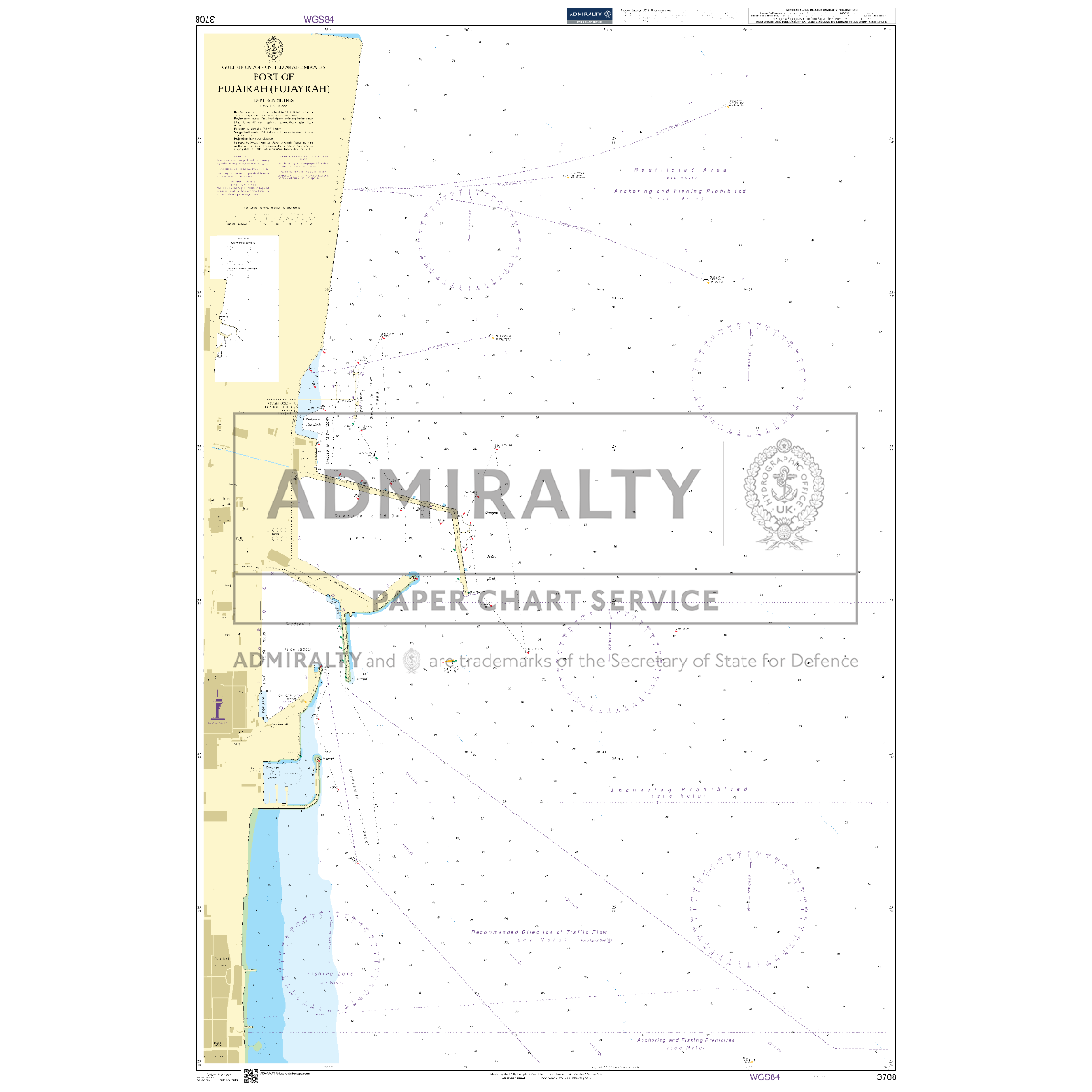 Product image of Admiralty Chart 3708 | Port of Fujairah (Fujayrah), featuring navigational markings, depth soundings, and coastal features, essential for safe marine navigation. It could be displayed as an art piece or used for navigation on a boat or ship.