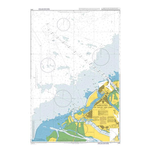 Product image of Admiralty Chart 3713 | Approaches to Abu Dhabi (Abu Zaby), featuring navigational markings, depth soundings, and coastal features, essential for safe marine navigation. It could be displayed as an art piece or used for navigation on a boat or ship.