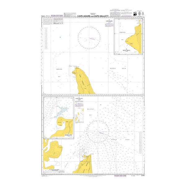 Product image of Admiralty Chart 3714 | Cape Adare and Cape Hallett, featuring navigational markings, depth soundings, and coastal features, essential for safe marine navigation. It could be displayed as an art piece or used for navigation on a boat or ship.