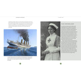 On the left, an illustration showcases a large ship with four smokestacks—likely the Britannic—as it sinks, leaning to one side. On the right, there is a historical photo of a nurse in uniform standing by a bush, her hat marked with a cross, reminiscent of her service aboard the hospital ship featured in "Exploring the Britannic" by Adlard Coles.