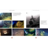 A collection of images showcasing underwater scenes: a submerged gaming table, a dive team near the Britannic's propeller, explorations by Jacques Cousteau, a ship’s deck, a deteriorating staircase, and scattered debris, highlighting the Britannic wreck exploration.