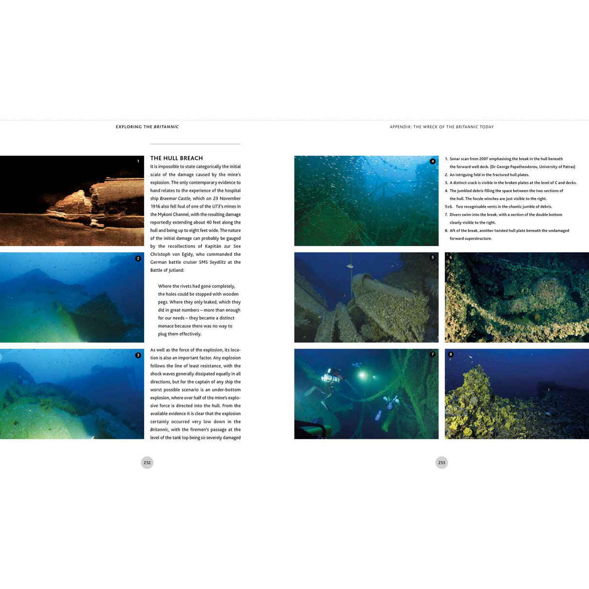 A two-page spread from *Exploring the Britannic* by Adlard Coles features text about the Titanic's hull breach alongside nine underwater images, vividly displaying divers exploring the shipwreck. Blues and greens dominate the eerie visuals, reminiscent of Jacques Cousteau documentaries. The haunting scenes evoke tales of its sister ship, Britannic.