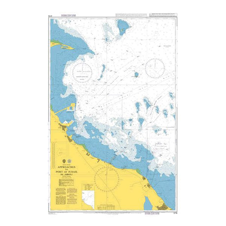 Product image of Admiralty Chart 3719 | Approaches to Port of Jubail (Al Jubayl), featuring navigational markings, depth soundings, and coastal features, essential for safe marine navigation. It could be displayed as an art piece or used for navigation on a boat or ship.